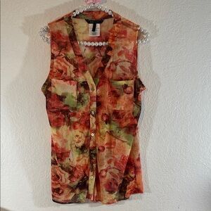 BCBGMaxAzria Sleeveless Blouse Top L Floral Mesh Button Down V-neck Feminine
